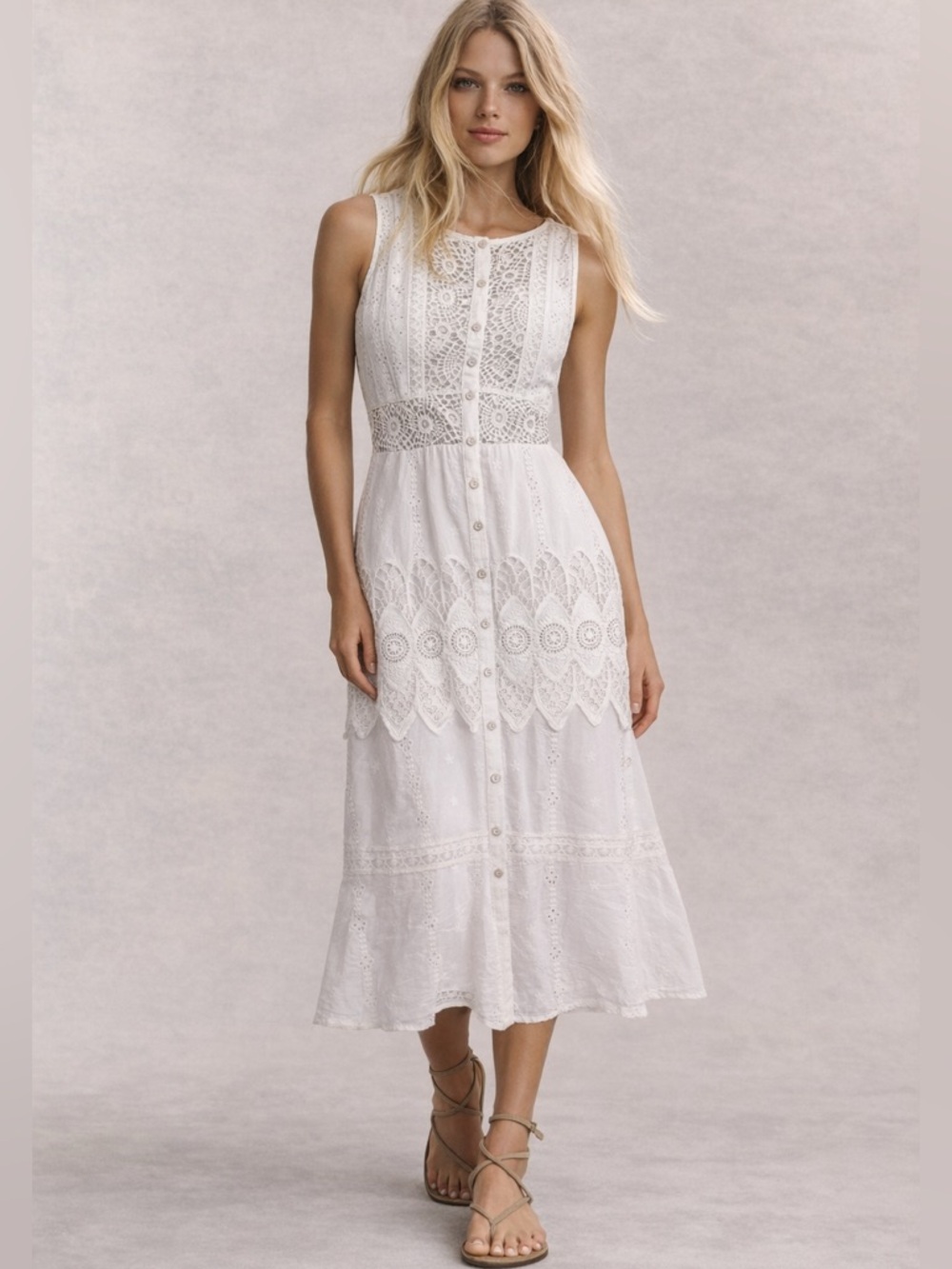LoveShackFancy White Eyelet Lace Midi Dress Button Front Tiered Boho Romantic